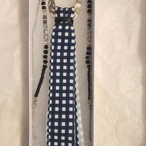 Silver beaded necklace with Blue & White gingham ribbons